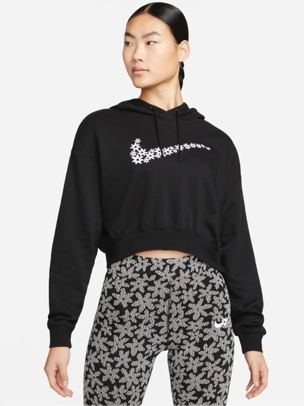 Nike Black Cropped Hoodie with White Floral Swoosh